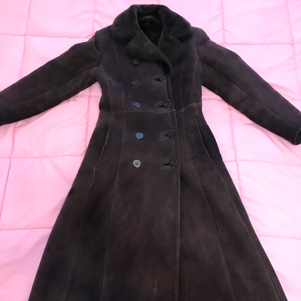 Vintage Brown Long Shearling Leather Coat